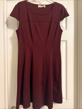 RD Style Cap-Sleeve A-Line Midi Dress in Burgundy
